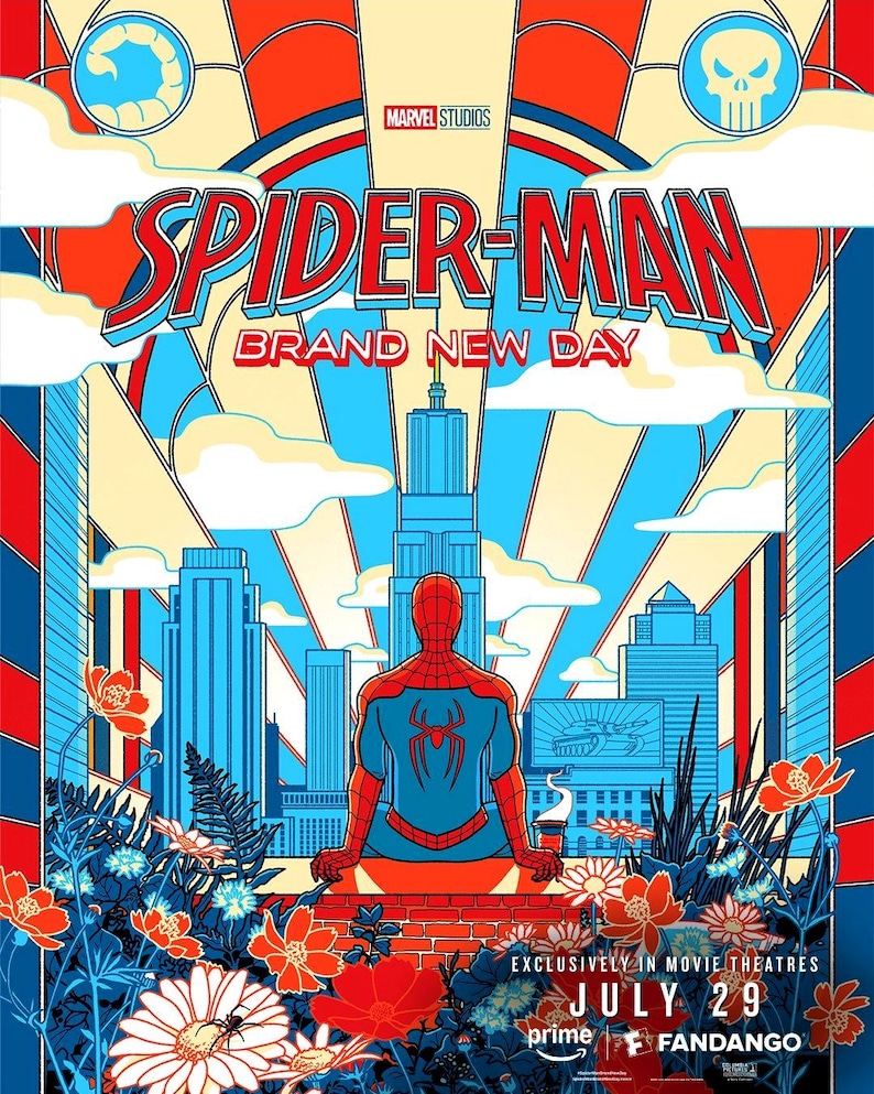 May include: A film poster for Spider-Man Brand New Day featuring a red and blue costumed figure sitting on a ledge overlooking a city skyline. The design includes floral elements, a scorpion icon, a skull icon, and text including July 29.
