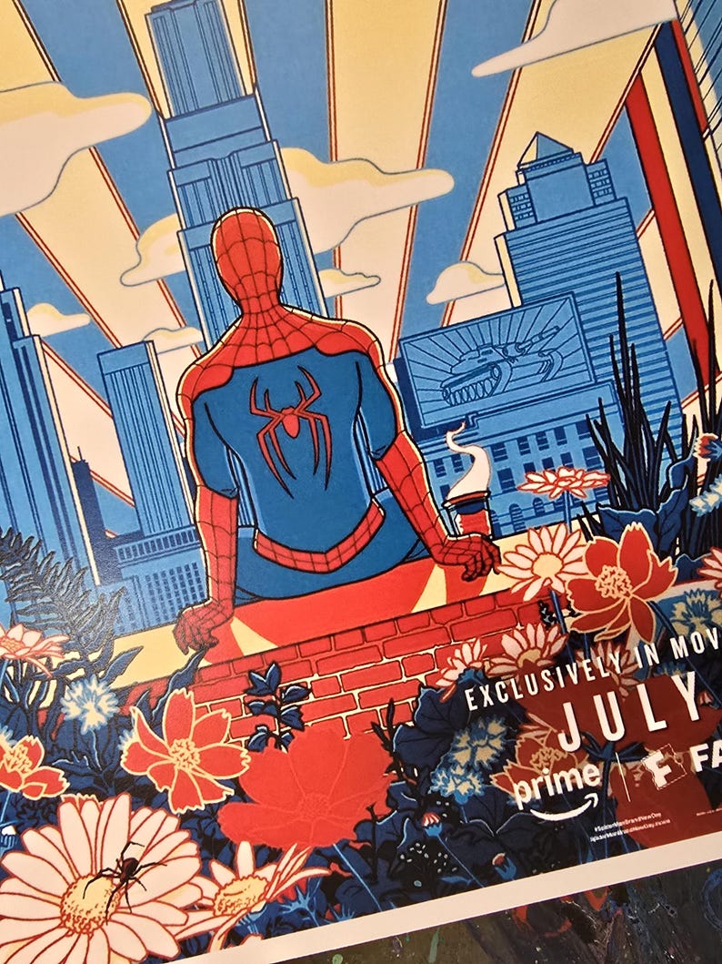 May include: A poster featuring a red and blue Spider-Man figure sitting on a brick wall overlooking a city skyline. The foreground includes stylised flowers and foliage. Text reads EXCLUSIVELY IN MOVIES JULY, prime, and FA.