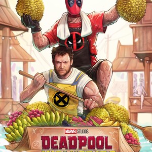 May include: A poster for the movie "Deadpool & Wolverine" featuring Deadpool and Wolverine in a boat filled with fruit. The poster is in a cartoon style and features the text "Deadpool & Wolverine" and "24 กรกฎาคม ในโรงภาพยนตร์" in Thai.