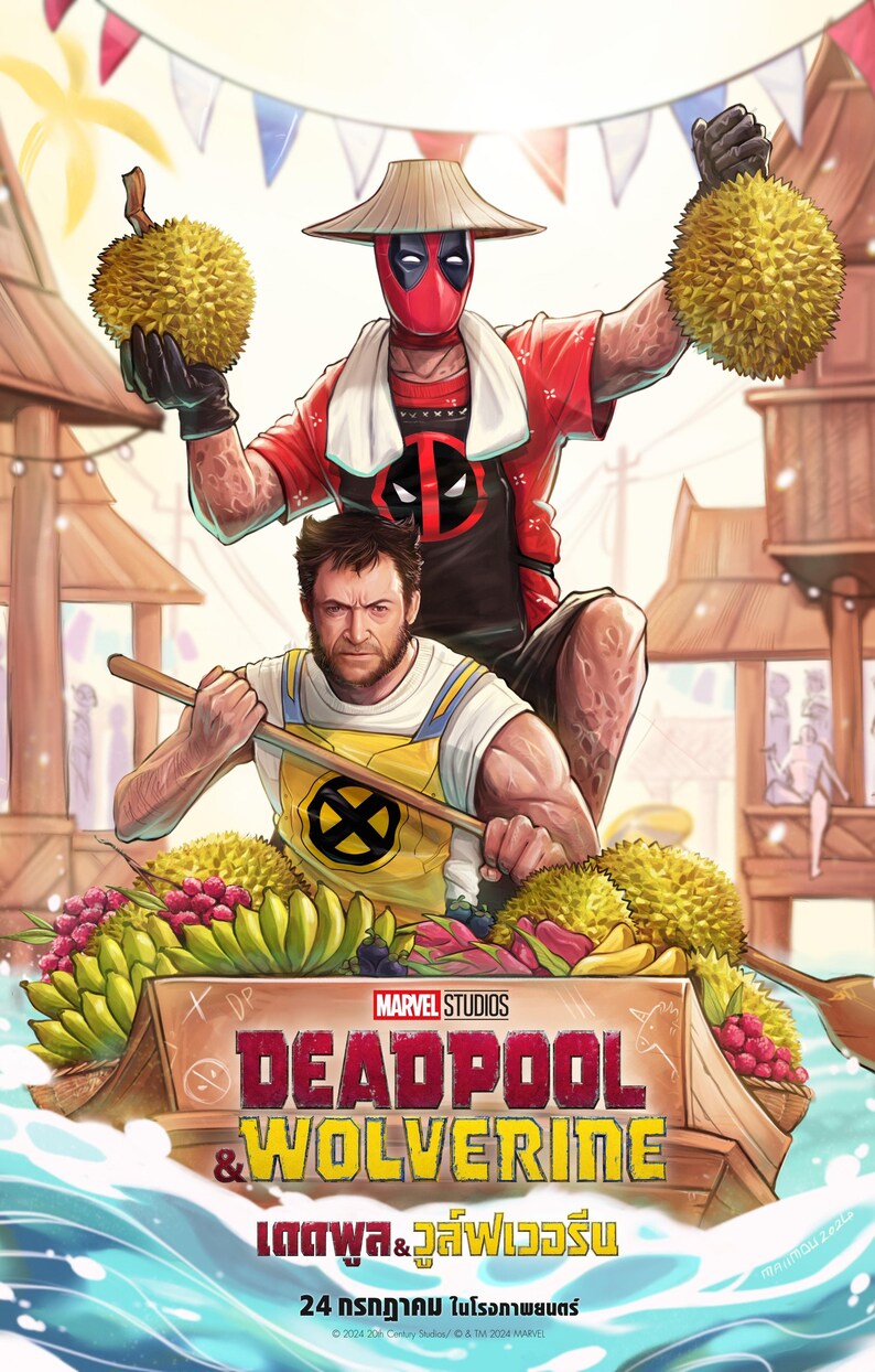May include: A poster for the movie "Deadpool & Wolverine" featuring Deadpool and Wolverine in a boat filled with fruit. The poster is in a cartoon style and features the text "Deadpool & Wolverine" and "24 กรกฎาคม ในโรงภาพยนตร์" in Thai.