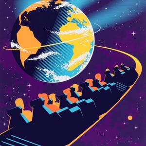May include: A vintage-style poster featuring a stylized Earth with the words "Spaceship Earth" and "EPCOT". The artwork depicts a ride vehicle with passengers traveling along a curved path, set against a starry purple background.