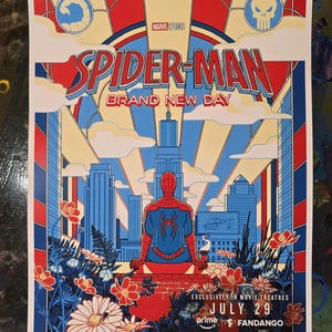 May include: A Spider-Man Brand New Day film poster featuring a red and blue costumed figure sitting on a brick ledge overlooking a stylised city skyline. The artwork includes floral elements, a spider web background, and text details.