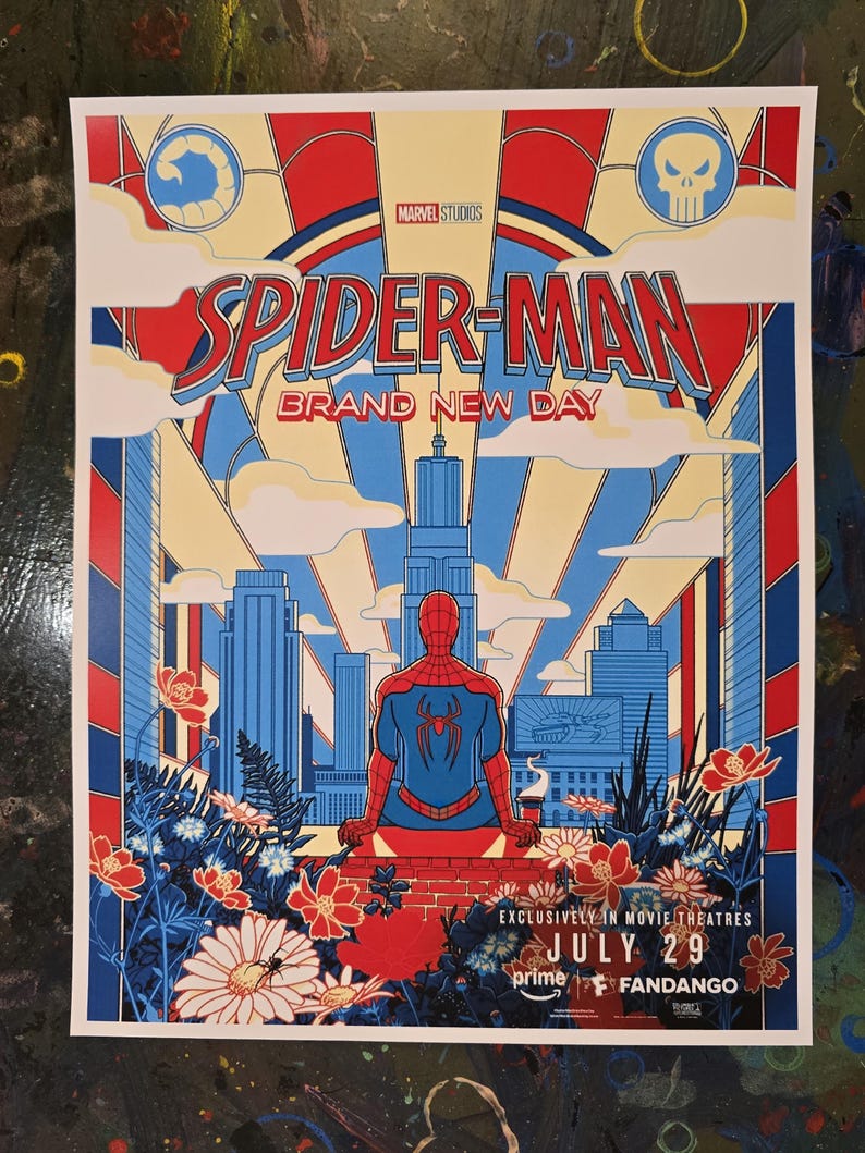 May include: A Spider-Man Brand New Day film poster featuring a red and blue costumed figure sitting on a brick ledge overlooking a stylised city skyline. The artwork includes floral elements, a spider web background, and text details.