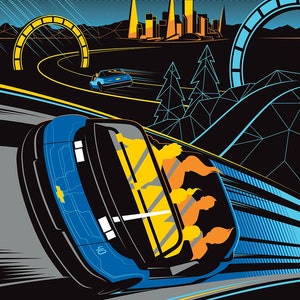 May include: A blue and yellow futuristic car with the text "Test Track" and "Presented by Chevrolet" on a black background. The car is on a track with a cityscape in the background. The text "Epcot" is at the bottom of the image.