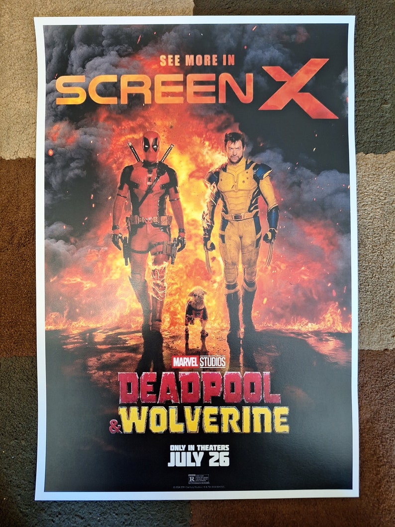 May include: Movie poster for the film "Deadpool & Wolverine" featuring Deadpool and Wolverine standing in front of a fiery background. The poster also includes the text "See More In ScreenX" and "Marvel Studios".