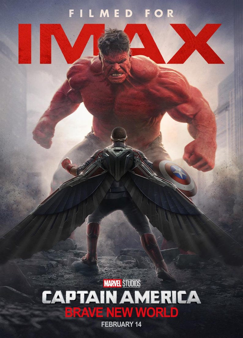 Op de afbeelding: Een filmposter voor Captain America: Brave New World, met een rode Hulk die boven Captain America staat, die een rood, wit en blauw kostuum met vleugels draagt. De poster heeft de tekst "FILMED FOR IMAX" bovenaan en "MARVEL STUDIOS" en "FEBRUARY 14" onderaan.