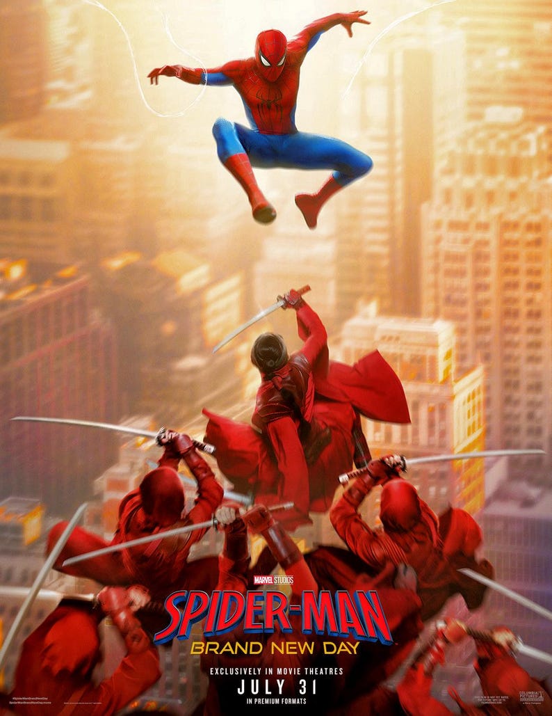 K&ouml;nnte beinhalten: Ein Filmplakat f&uuml;r Spider-Man: Brand New Day. Spider-Man in einem rot-blauen Anzug schwebt in der Luft &uuml;ber Figuren in Rot, die Schwerter schwingen. Das Plakat enth&auml;lt den Filmtitel und das Erscheinungsdatum.