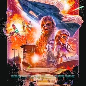 May include: A Star Wars themed poster featuring the Millennium Falcon spaceship in a space battle. The poster also features Chewbacca and a character from the Star Wars: Galaxy's Edge attraction at Disney World. The text on the poster reads "Star Wars Millennium Falcon Smugglers Run".