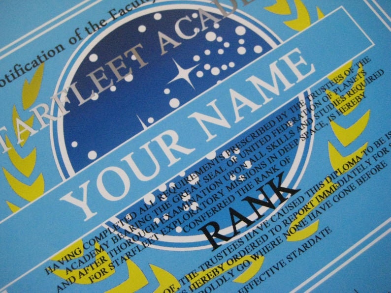 Star Trek Starfleet Academy Diploma T3 Certificate Free Etsy