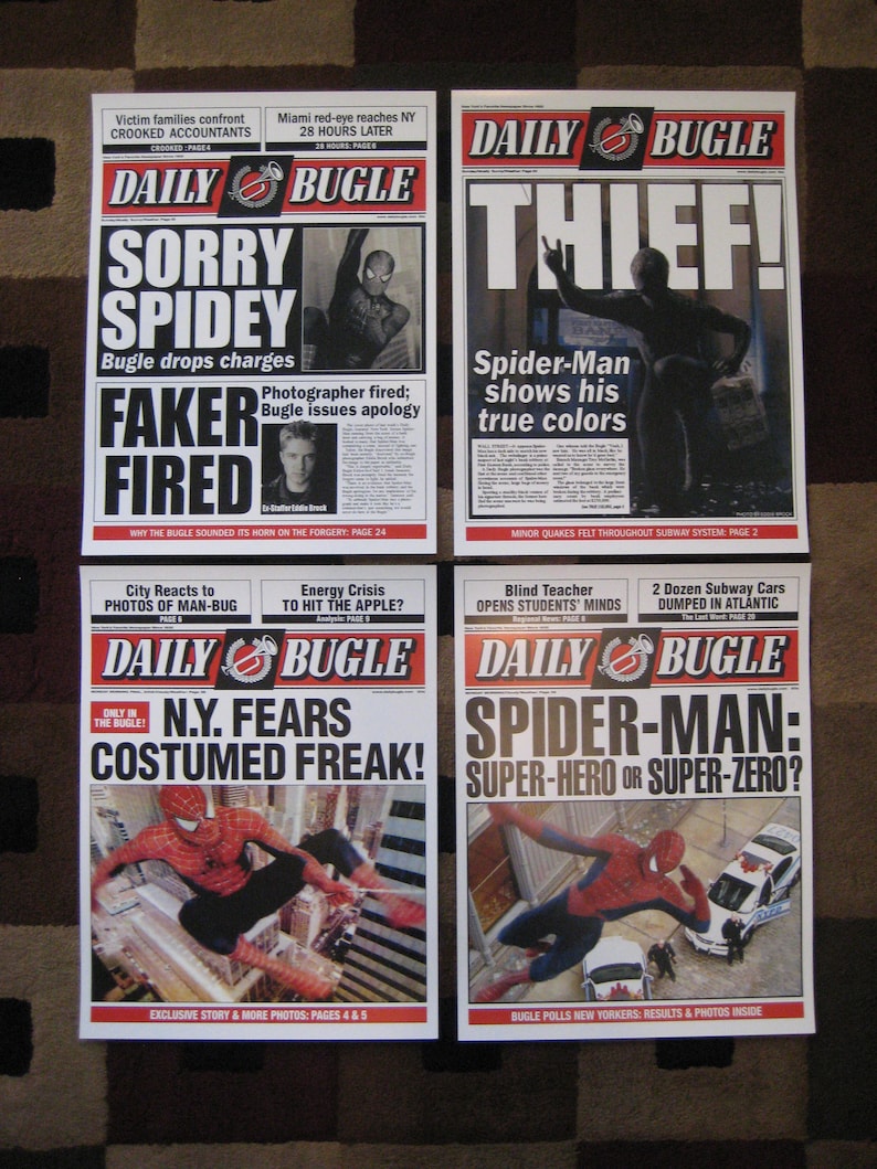 Spiderman Daily Bugle 11 x 15'' Front Page Prints Set of Four image 1