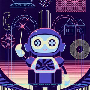 May include: A dark blue poster featuring the text COMMUNICORE at the top and EPCOT at the bottom. A central purple robot holds a glowing wand. Surrounding the robot are neon-style line art icons of a laptop, house, and record, with the word SAMPLE repeated.