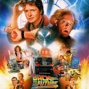 May include: Movie poster for "Back to the Future" 40th Anniversary. Features Michael J. Fox and Christopher Lloyd. Includes the text "88" and "Back in Theaters October 31". The poster has a retro design with a clock tower and lightning.