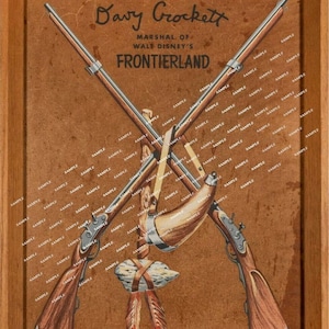 May include: Framed artwork depicting two crossed rifles, a powder horn, and a decorative item with feathers. The text reads "Davy Crockett, Marshal of Walt Disney's Frontierland". The artwork is in a wooden frame.