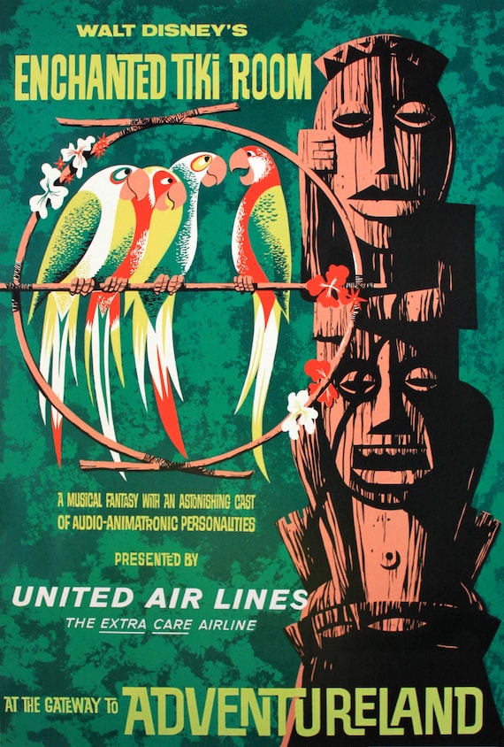 ユナイテッド航空 ハワイ ビンテージ ポスター オリジナル Tiki Disney Enchanted Tiki Room 1963 Collectors 11