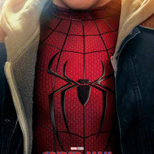 May include: A red and black Spider-Man suit with a spider emblem on the chest, worn under a dark blue jacket with a light-colored hood. The text reads: MARVEL STUDIOS SPIDER-MAN BRAND NEW DAY EXCLUSIVELY IN MOVIE THEATRES JULY 31 IN PREMIUM FORMATS.
