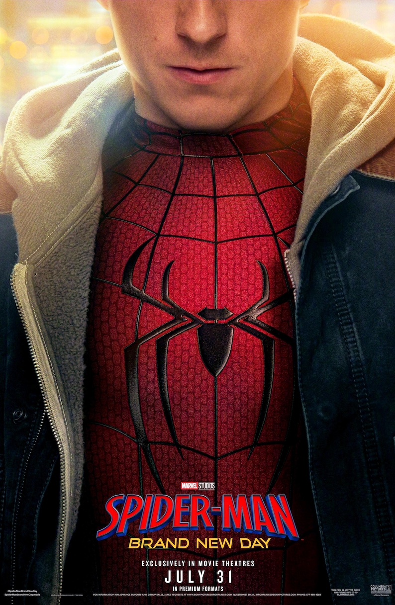 May include: A red and black Spider-Man suit with a spider emblem on the chest, worn under a dark blue jacket with a light-colored hood. The text reads: MARVEL STUDIOS SPIDER-MAN BRAND NEW DAY EXCLUSIVELY IN MOVIE THEATRES JULY 31 IN PREMIUM FORMATS.