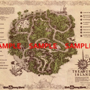 May include: A vintage-style map of Treasure Island, a theme park attraction at Walt Disney World. The map features a detailed illustration of the island, with various landmarks and attractions labeled, including Jolly Roger Wharf, Black Dog Lagoon, and the Mutineer Falls. The map is printed on a beige background with brown and green accents.