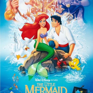 May include: A movie poster for the animated film The Little Mermaid. The poster features Ariel, a mermaid princess, with her human prince, Eric.  The poster also features King Triton, Ursula, and other characters from the film. The text on the poster reads "Walt Disney Pictures Presents The Little Mermaid".