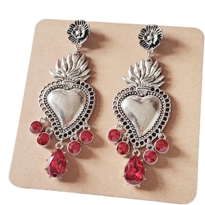 Mexican Earrings, Milagro Heart Statement Earrings, Sacred Heart Chandelier Earrings