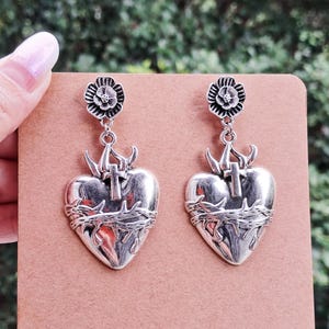 Mexican Gifts Sacred Heart Milagro Sagrado Corazon Silver Dangle Earrings Oaxaca Earrings