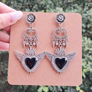 Milagro Heart Mexican Sacred Heart with Angel Wings Boho Dangle Statement Earrings