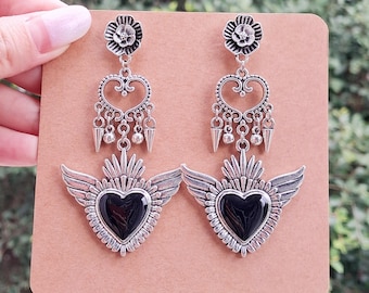 Milagro Heart Mexican Sacred Heart with Angel Wings Boho Dangle Statement Earrings