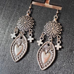 Flaming Heart Statement Earrings, Mexican Milagro Heart Earrings, Sacred Heart Earrings