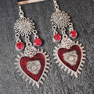 Red Mexican Milagro Heart with Rose & Evil Eye Earrings: Bold Faith Meets Fiery Flair