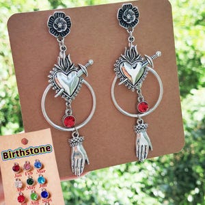 Personalized Birthstone Sacred Heart Earrings: Mexican Milagro Dangle