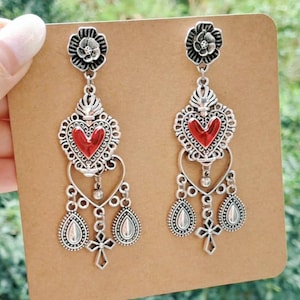 Mexican Milagro Heart Dangle Earrings: Red Enamel, Antique Silver