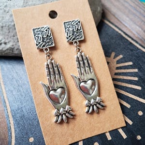 Mexican Earrings, Hand with Milagro Heart Earrings, Whimsical Earrings