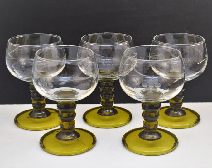 Vintage 5 German Cordial Glasses Clear Etched Flowers Olive Green Stem Etsy