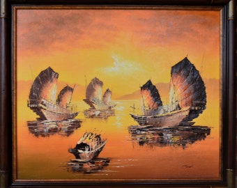Vintage Original Oil Painting Seascape with Boats Signed Framed