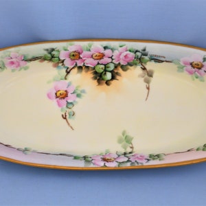 Antique Signed Vienna Austria Germany Oval Celery Dish Pink Flowers Gold