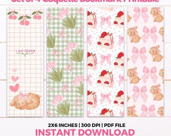 Coquette Bookmarks Printables Set of 4 Cute Aesthetic Digital Bookmarks, Book Lovers Gifts, Romance Bookmarks PDF, Bows Cherry Bookmark