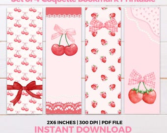Coquette Bookmarks Printables Set of 4 Cute Aesthetic Digital Bookmarks, Book Lovers Gifts, Romance Bookmarks PDF, Bows Cherry Bookmark
