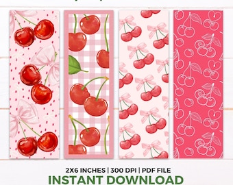 Cherry Bows Coquette Bookmarks Printables Set of 4 Cute Aesthetic Digital Bookmarks, Book Lovers Gifts, Romance Bookmarks PDF