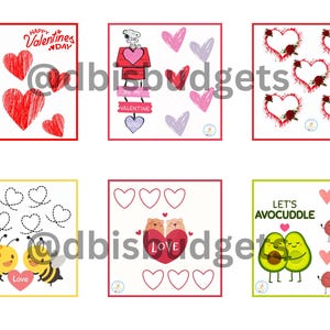 Op de afbeelding: Een verzameling illustraties met Valentijnsdagthema. De afbeeldingen bevatten rode harten, stripfiguren en de zinnen "Happy Valentine's Day", "Be My Valentine" en "Let's Avocuddle".