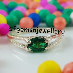 7*5 mm Emerald Engagement Ring/Silver Oval Cut Ring/Emerald Anniversary Ring
