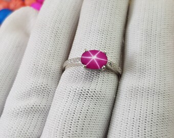 Owalny 6-gwiazdkowy pierścień, śluby, pierścionek zaręczynowy Lindy Star Ruby Ring, srebrny pierścień dla kobiet Pink Star Ruby Ring, srebro próby 925