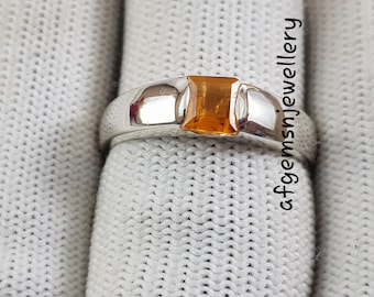 Men&#39;s Golden Topaz Ring, Square Cut, Yellow Topaz Stone, November Birthstone Ring, Sterling Silver, Engagement Ring