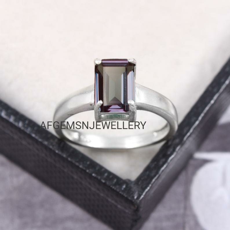 Emerald Cut Alexandrite Ring Promise Ring June Birthstone Ring Alex Gemstone Ring 925 Sterling Silver Ring Color Changing Gems