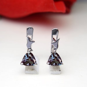 Trillion Cut Alexandrite Earrings For Women- Color Changing Gemstone Hoop Earrings- Alexandrite Earrings in 925 Sterling Silver