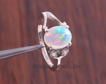 Genuine Colorful Opal Ring, Oval Opal Ring, October Birthstone Ring, Sterling Silver Engagement Ring, Promise Ring, Fire Opal Ring