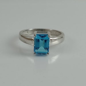 Swiss Blue Topaz Ring Wedding Ring Blue Gemstone Ring Sterling Silver Ring Emerald Cut Gemstone