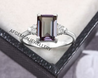 Promise Ring June Birthstone Ring Alex Gemstone Ring Emerald Cut Alexandrite Ring 925 Sterling Silver Ring Color Changing Gems