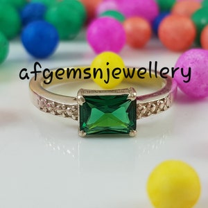 Halo Emerald Cut Emerald Wedding Ring, Vivid Green Emerald Ring, Green Gemstone Ring, Rectangular Ring Silver Emerald Ring