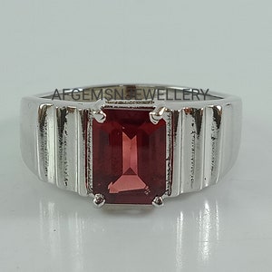 Natural Red Garnet Ring Garnet Wedding Ring January Birthstone Emerald Cut Men Red Gemstone Sterling Silver Ring