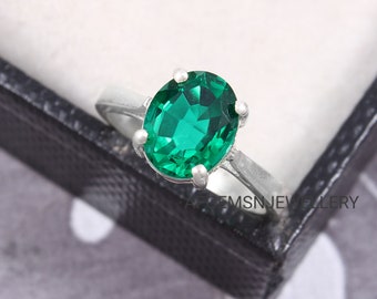 Vintage Oval Emerald Ring- Silver Vermeil Ring- Emerald Engagement Ring- Promise Ring- May Birthstone - Anniversary Gift For Her