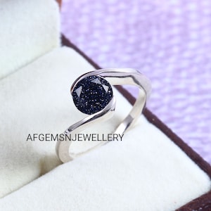 Round Shaped Blue Sandstone Ring Vintage Blue Sandstone Engagement Ring 925 Sterling Silver Wedding Ring For Women